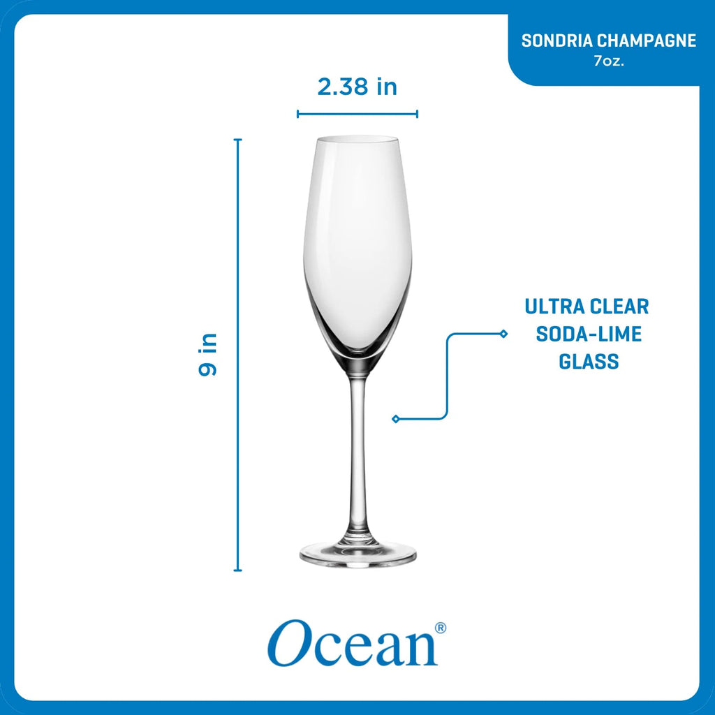 Ocean Glass Sondria Champagne Flute Glasses (4-pieces), 7.25-ounce, Dishwasher Safe image 3