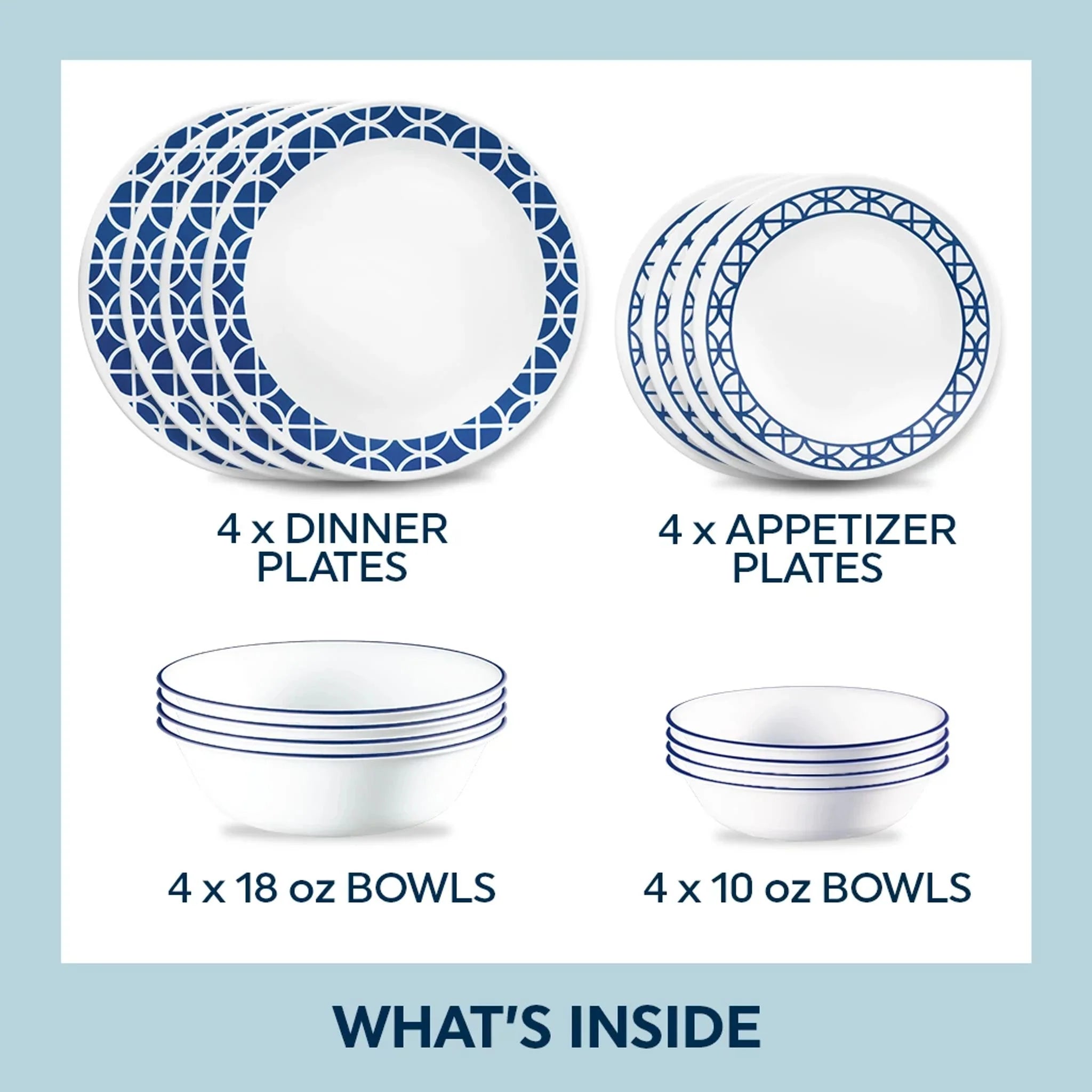 Corelle® Cobalt Circles 16-piece Mugless Dinnerware Set, Service of 4 image 2