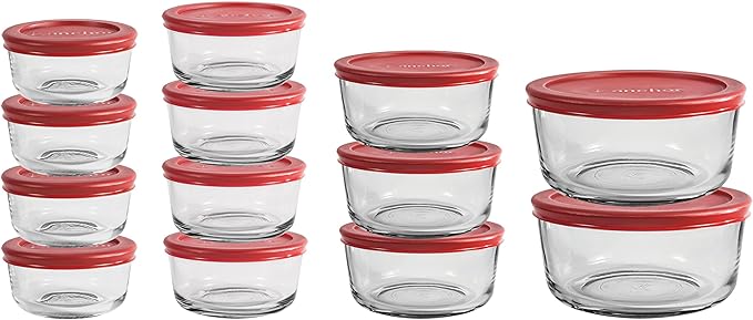 Anchor Hocking 26 Piece Glass Storage Containers with Lids (13 Glass Food Storage Containers & 13 Red SnugFit Lids) image 0