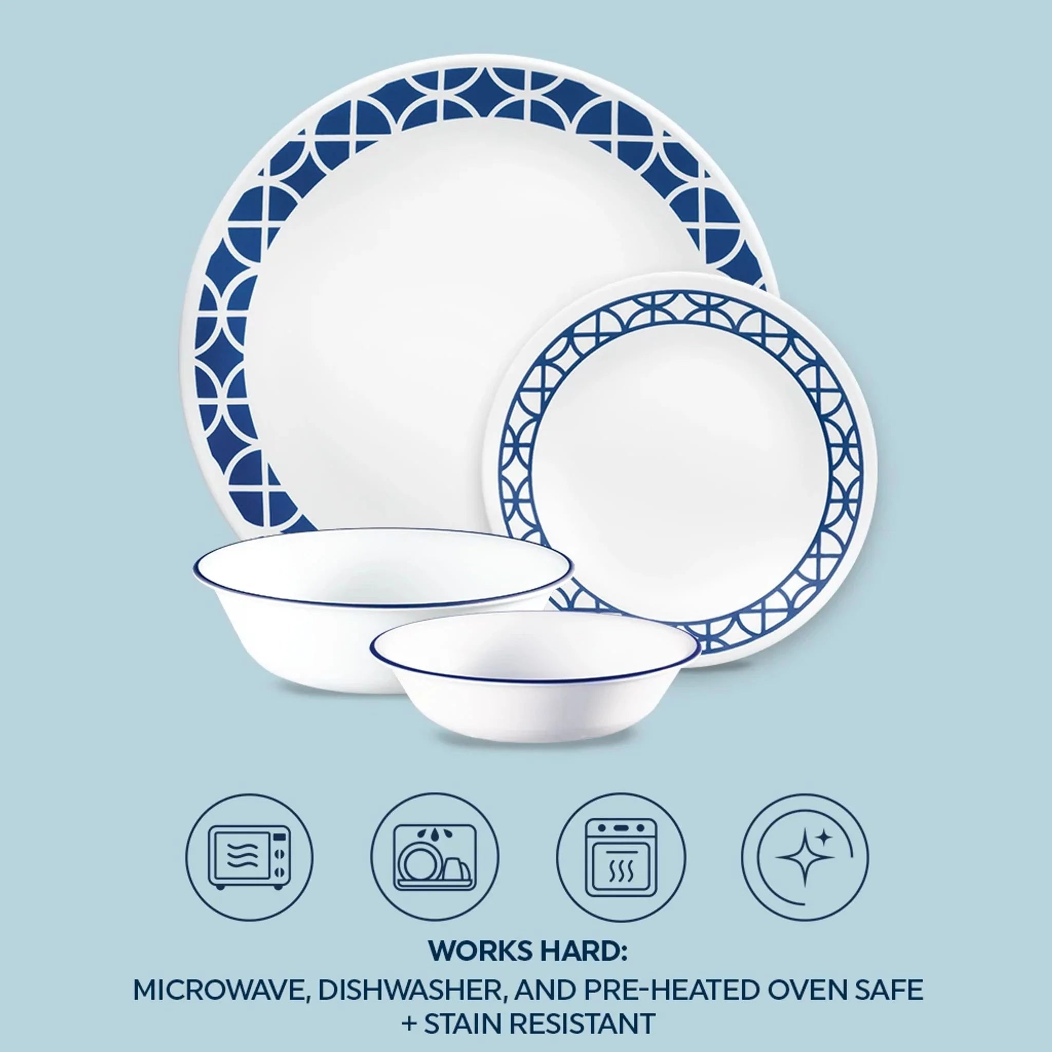 Corelle® Cobalt Circles 16-piece Mugless Dinnerware Set, Service of 4 image 5